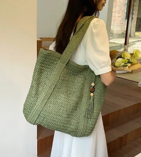 Chic Mahogany Straw Shoulder Bag