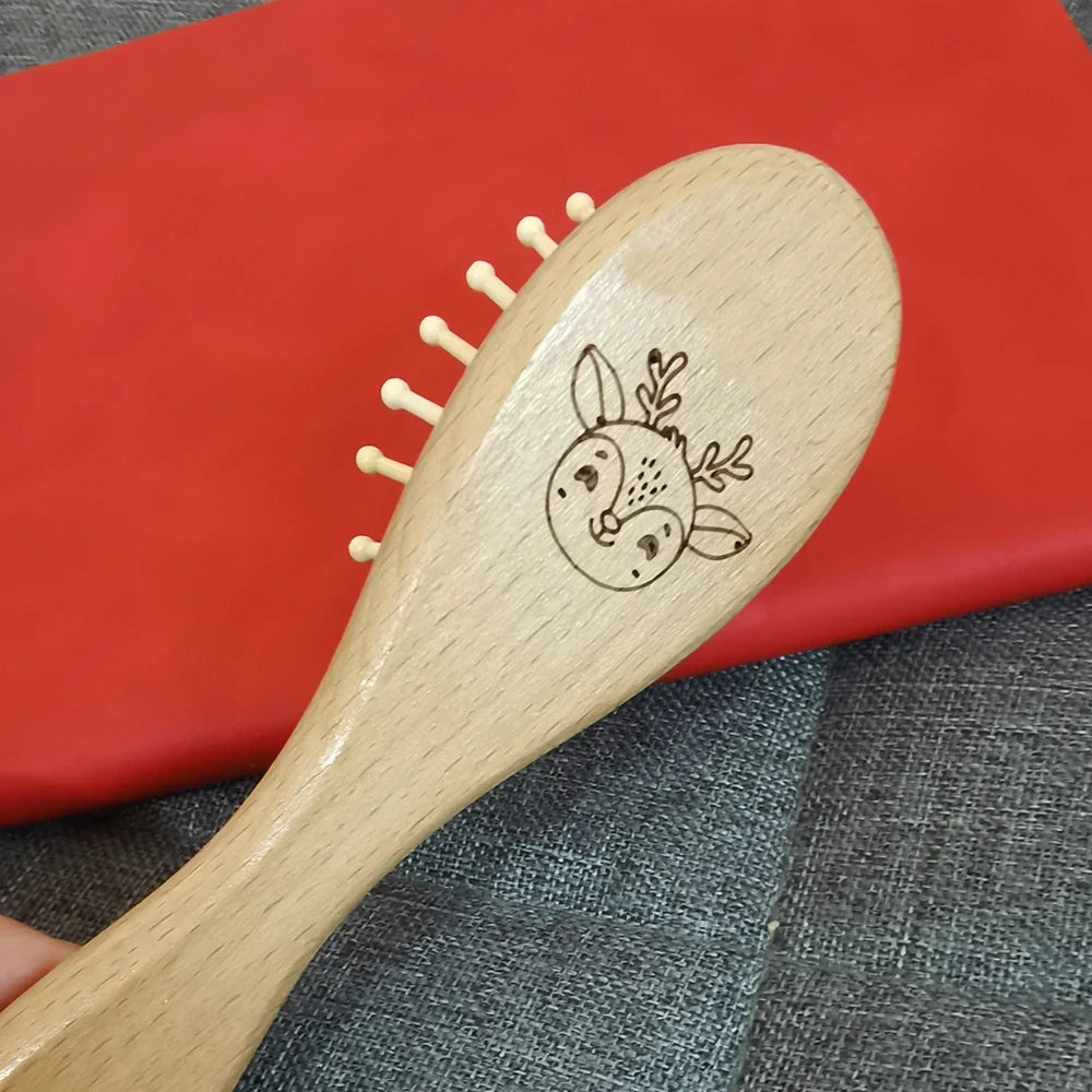 Engraved Panda Baby Hair Brush Natural Wool Wooden Comb Air Cushion Brush Newborn Baby Shower Gift