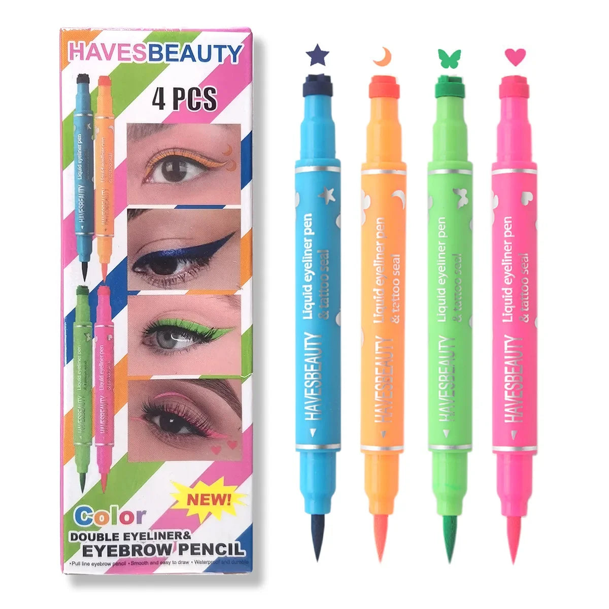Double-head Liquid Stamp Eyeliner Set, 4 Styles/Colors Waterproof Slim Gel Felt Tip Liquid Eyeliner,Stars Hearts Moon Butterfly