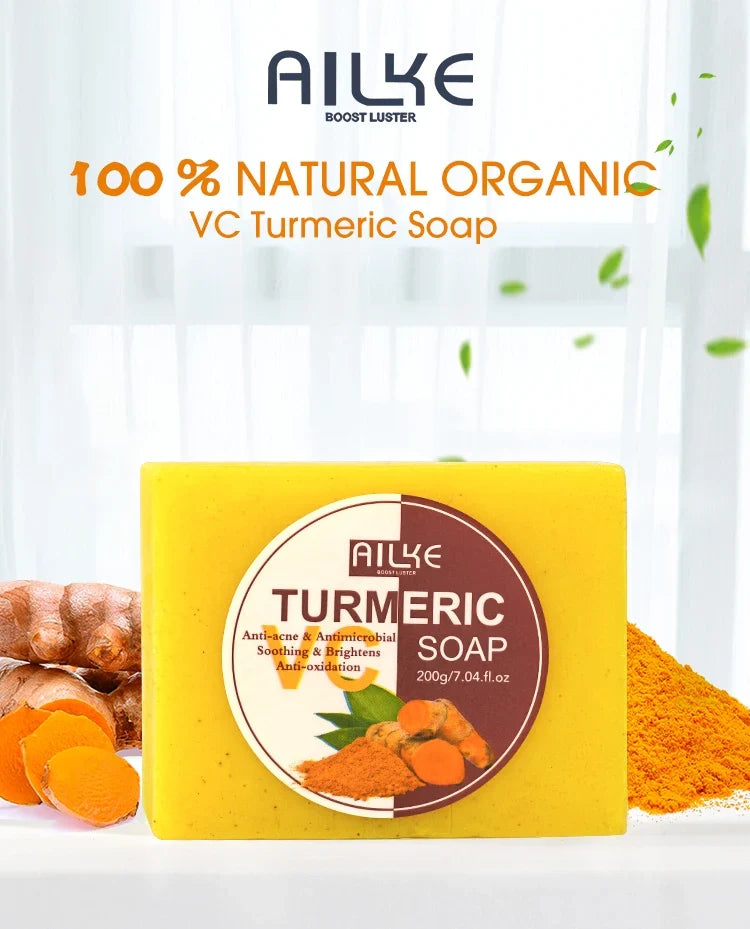 AILKE Natural Turmeric Bath Soap for Face, Body, Hands, Lightening, Cleaning, Even Skin Tone, Anti Dark Spots and Acne, 200g