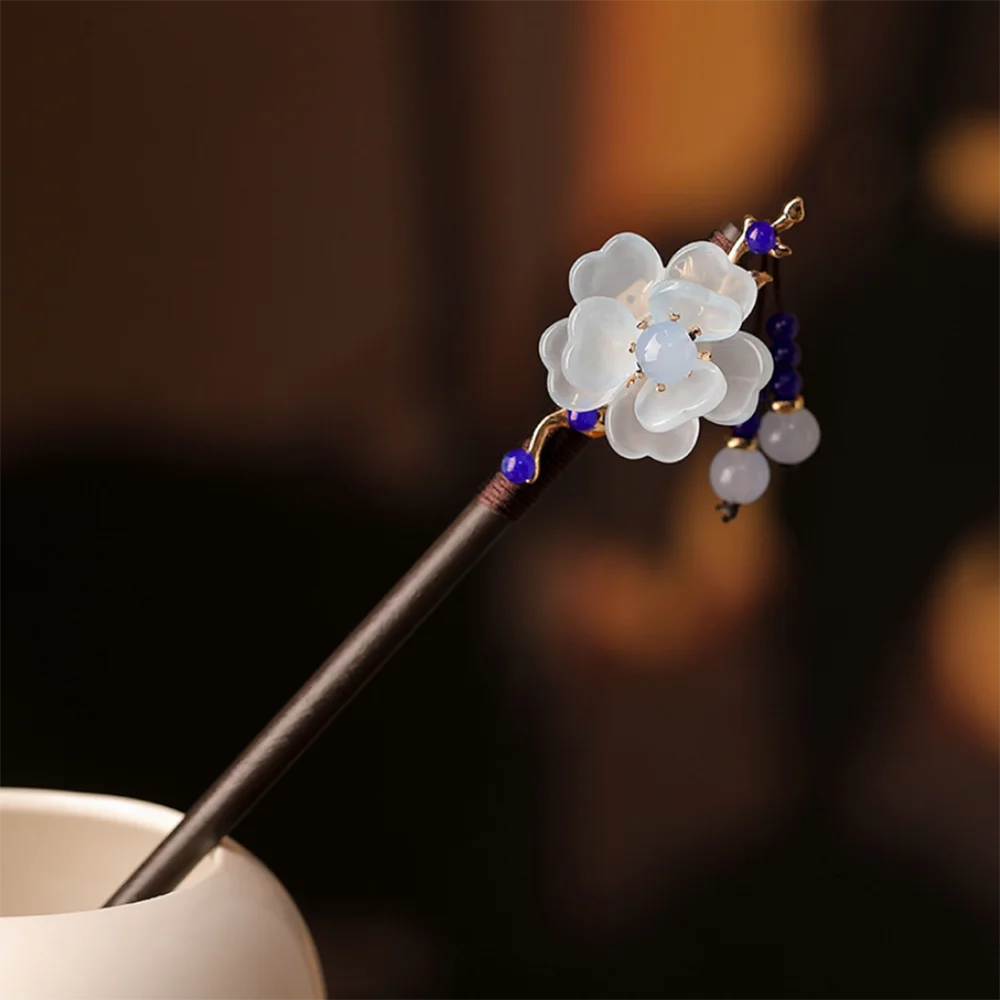 Flower Tassel Wooden Hairpin Retro Chinese Style Handmade Floral Hair Stick Vintage Girls Women Hanfu Hair Styling Accessories