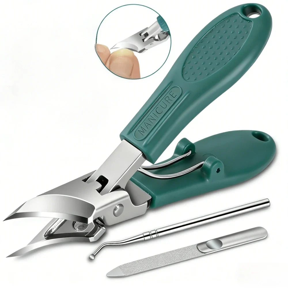 3pcs Stainless Steel Wide Jaw Opening Toenail Clippers Set Long Handle Angled Head Anti-Splash Design for Ingrown and Thick Toen