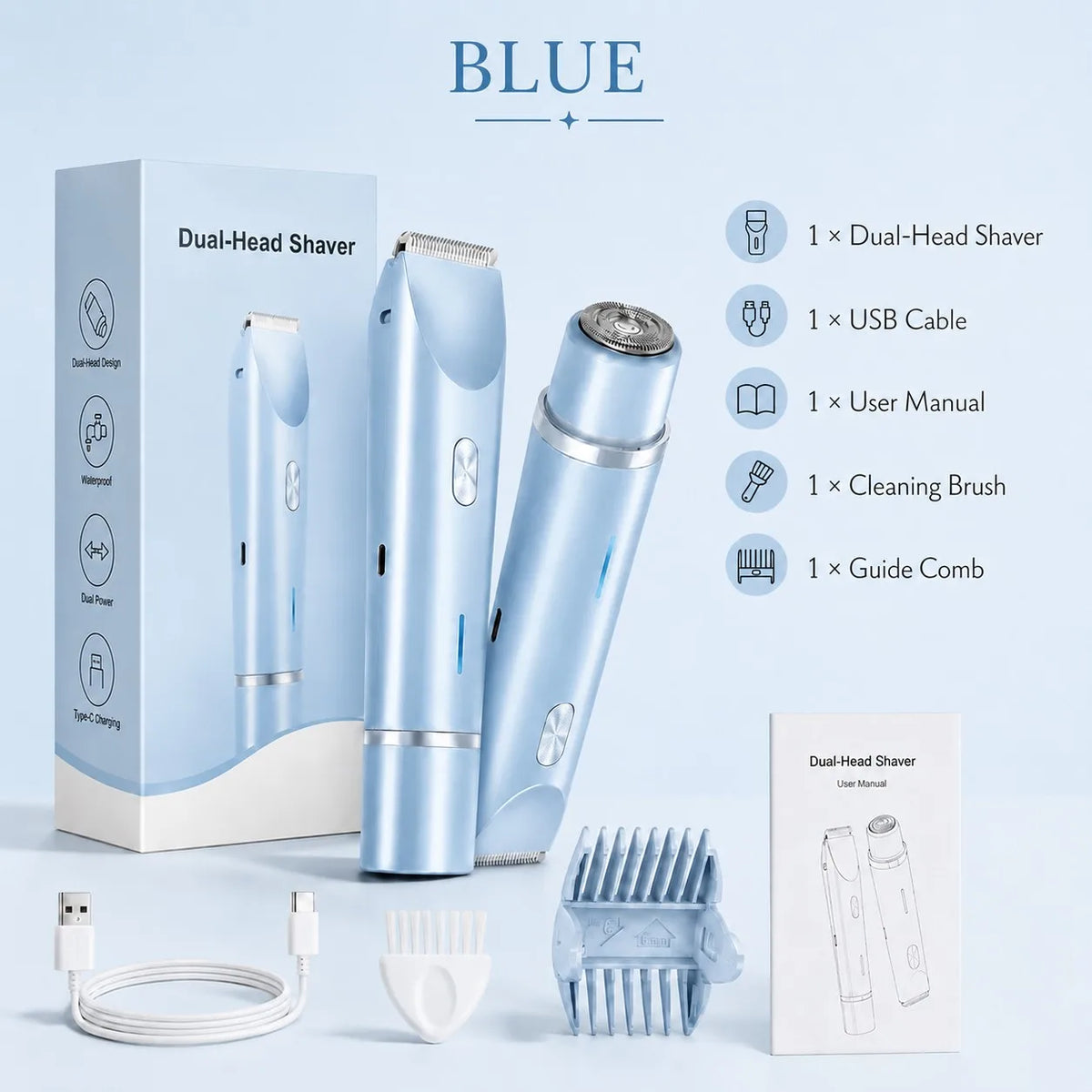 IPX7 Waterproof Dual Head Women's Hair Removal Device Wet Dry Use Facial Body Trimmer Painless Electric Shaver