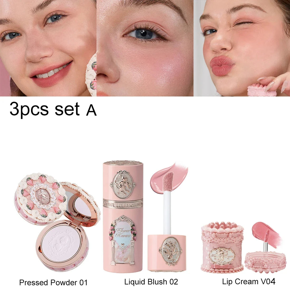 Flower Knows Strawberry Cupid Velvet Matte Lip Cream Pressed Powder Liquid Blush Set Long Lasting Lightweight Makeup