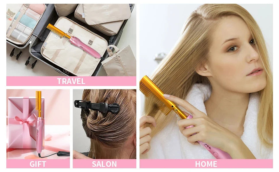GOIPLE Electric Hot Comb Set, 3 Heat Settings Gold Heated Press Comb in Champagne Pink with Edge Styling and Wig Accessories