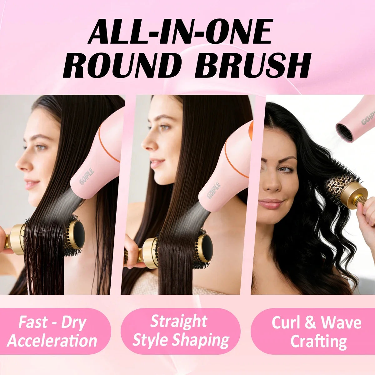 GOIPLE Blow Dryer Set with Multi-Accessories, Pink Hair Dryer with Round Brush and Attachments for All-Round Styling
