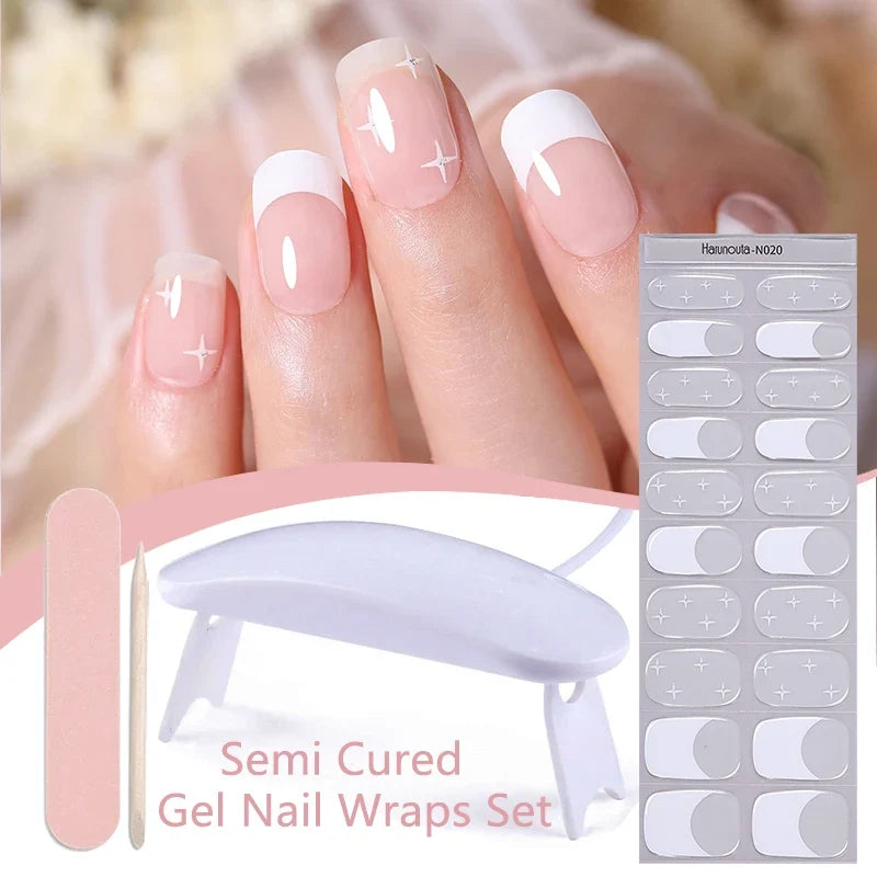 Harunouta 4pcs/set French Semi Cured Gel Nail Strips with Nail Lamp Gel Nail Polish Nail Stickers Fake Nails Manicure Decoration