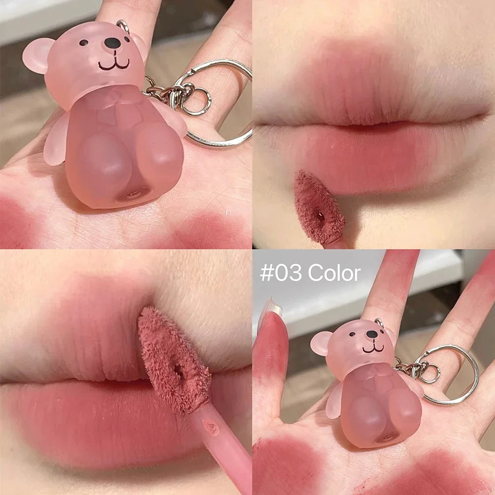 Cute Bear Velvet Lip Mud Keychain Matte Nude Red Lip Gloss Autumn Winter Non-stick Cup Lipstick Waterproof Lasting Lips Makeup