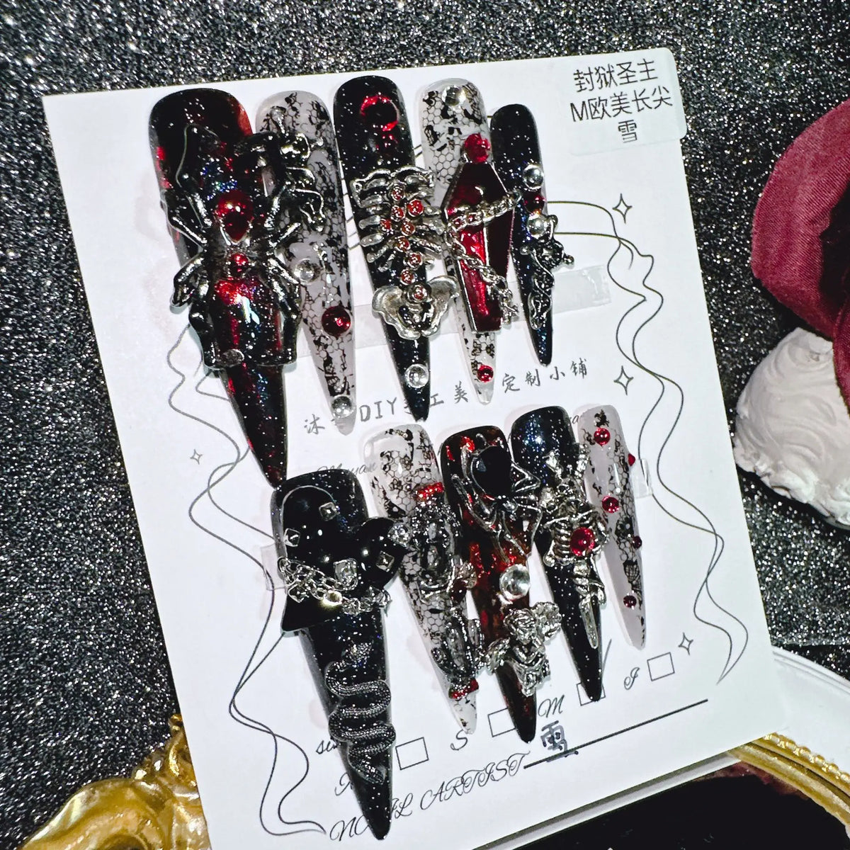 Gothic Dark Red Press On Nails With Metal Spiders Rhinestones 3D Casket Multiple Sizes