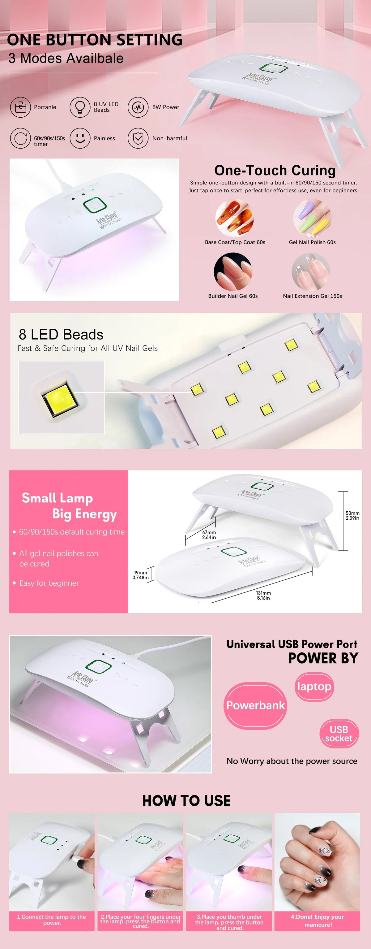 8W UV LED Nail Lamp Foldable Nail Dryer Manicure USB Curing Lights Desk Lamp Nail Gel Polish Quick Dry Nail Art Manicure Tool