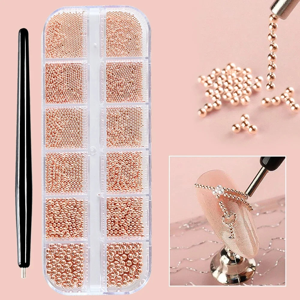 6Grids Mini Steel Balls Nail Art Charms 0.6-2mm Silver/Gold Stainless Caviar Nail Beads Jewelry Metal Balls DIY Nail Accessories