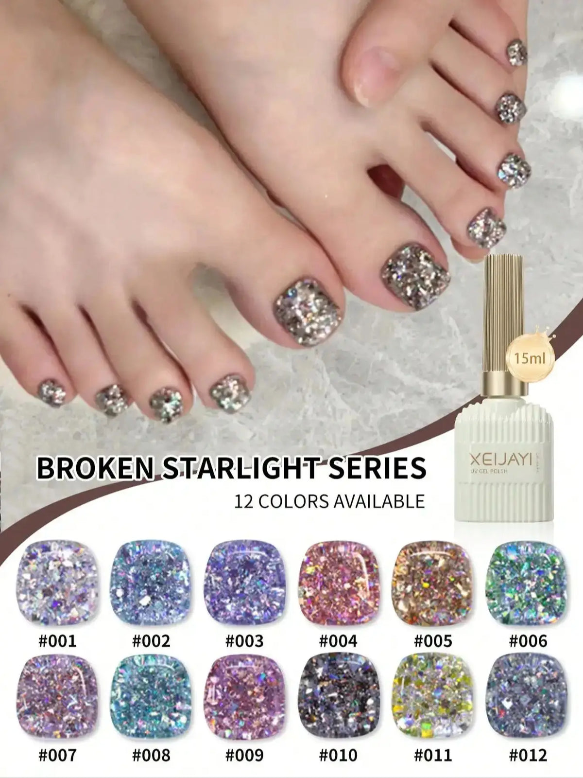 12pcs 15ml Broken Straight Series Glitter Silver Gel Nail Polish Semi-permanent Varnish Soak Off Nail Art Base Top Coat