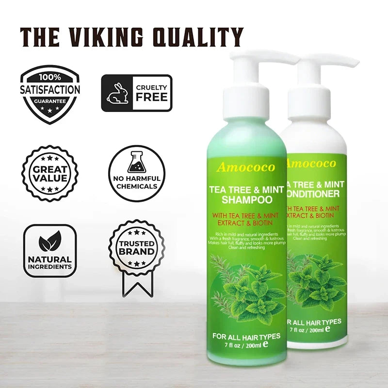 Amococo 2pcs X 200ml Tea Tree Shampoo and Conditioner Set with Mint Biotin Refreshing Scalp Care Hair Care Duo Volumizing Smooth Hair Formula for All Hair Types