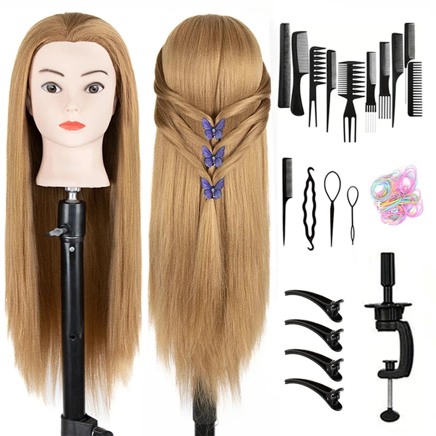 24Inch Mannequin Head with Fiber Hair Model Practice Hairdressing Doll Head Styling Hairdressing Training Braided