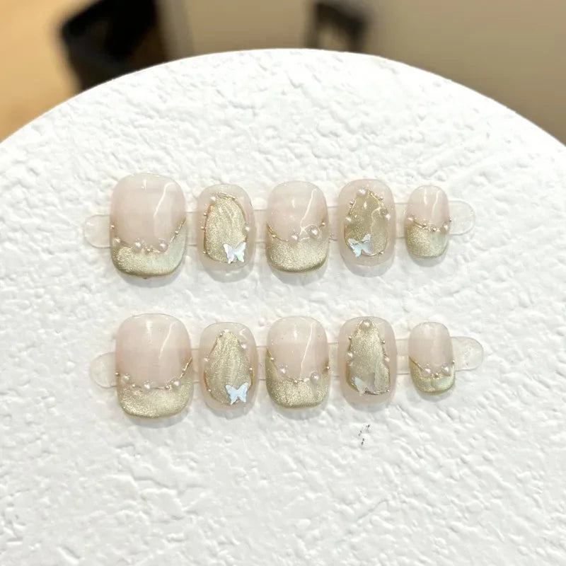 10pcs Handmade Spring Summer Press on Nails Bridal Sequins Bling Rhinestones Fake Nails Stick-on Nails with Design Self-nail