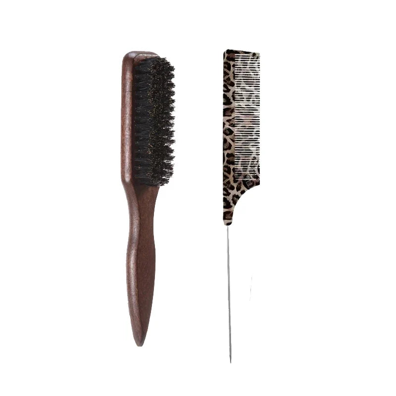 1/2Pcs Boar Bristle Hair Brush Leopard Print Pin Tail Comb Set Wooden Hair Brush Smoothing Teasing and Hair Styling Salon Use