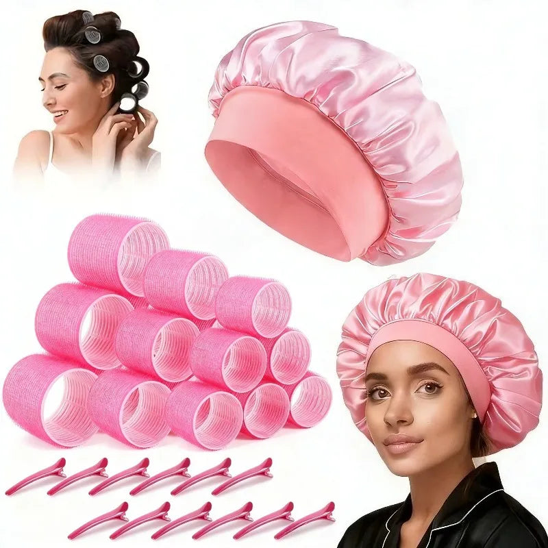 31Pcs Heatless Hair Curlers Set with 18 Self Grip Rollers 12 Clips Satin Nightcap for Overnight Natural Waves Styling Kit