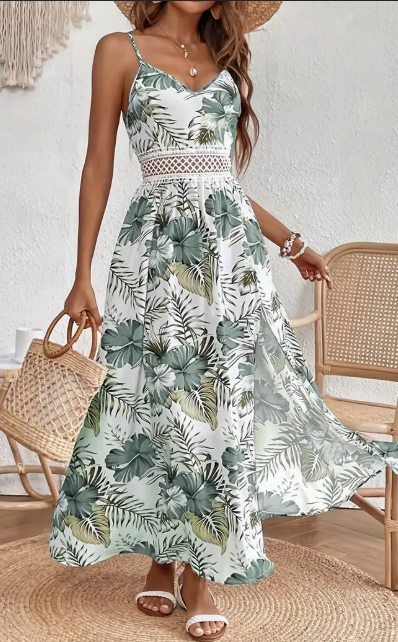Prism Wellness Womens Spring Summer Chic Maxi Dress - Adjustable Spaghetti Straps, Floral Print, Elegant High Slit - Versatile Day-to-Night Wear