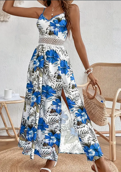 Prism Wellness Womens Spring Summer Chic Maxi Dress - Adjustable Spaghetti Straps, Floral Print, Elegant High Slit - Versatile Day-to-Night Wear