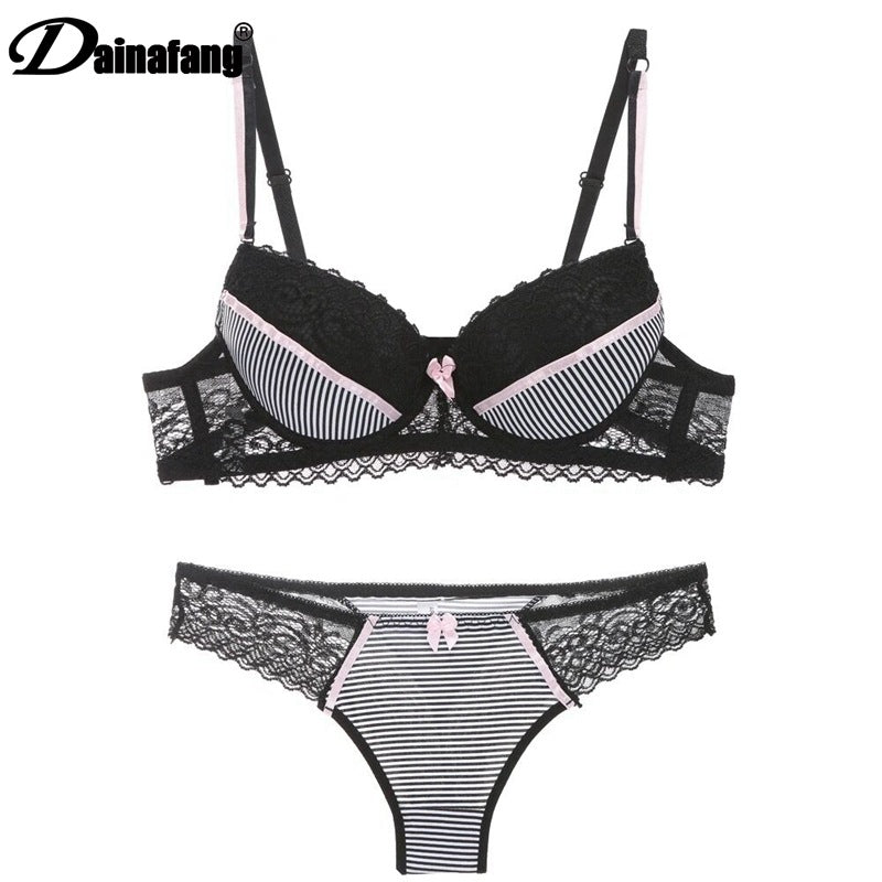 Prism Wellness Lace Striped Lingerie Set with Bra and Panties