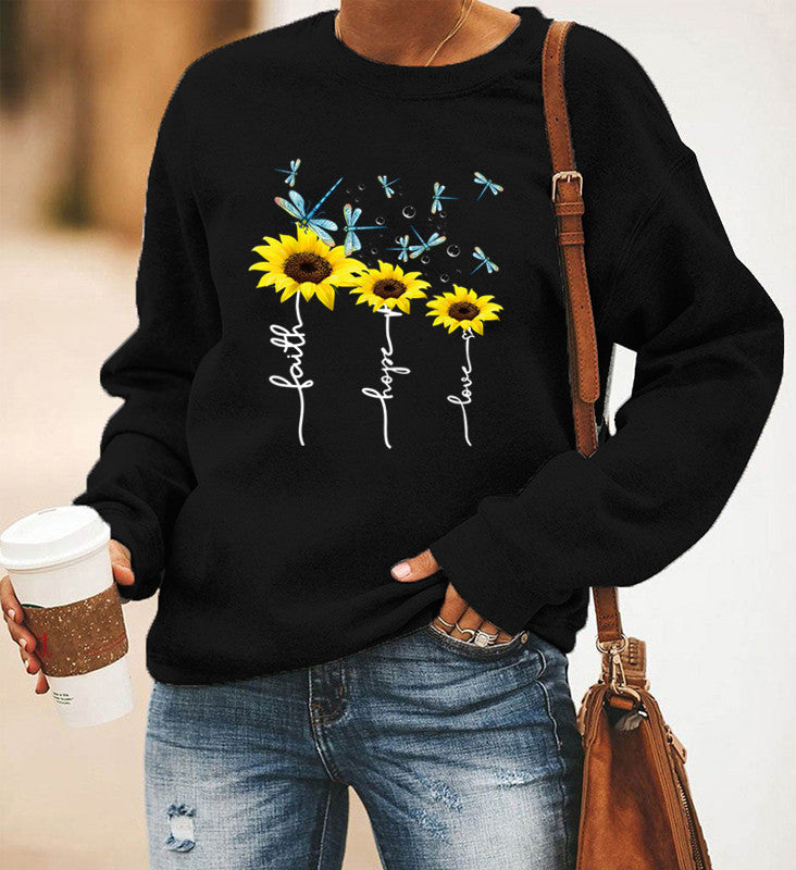Long-Sleeved Round Neck Sweater with Dragonfly Print
