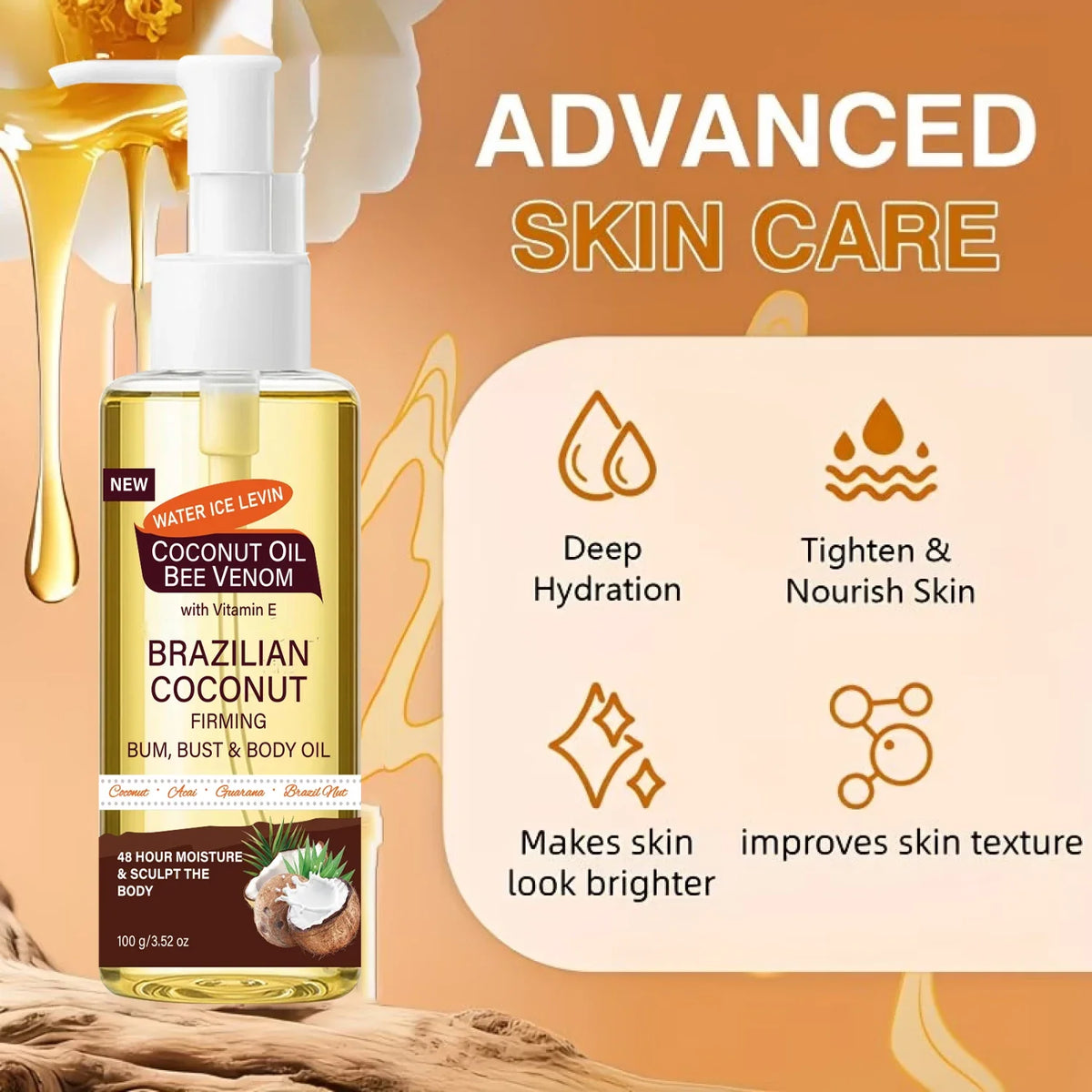 Brazilian Coconut Firming Body Oil, 48H Moisture & Sculpting with Acai, Guarana & Hyaluronic Acid for Bum & Bust
