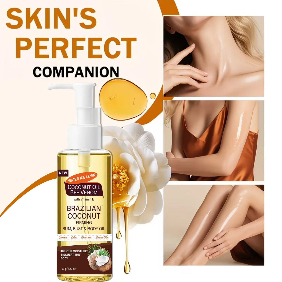 Brazilian Coconut Firming Body Oil, 48H Moisture & Sculpting with Acai, Guarana & Hyaluronic Acid for Bum & Bust