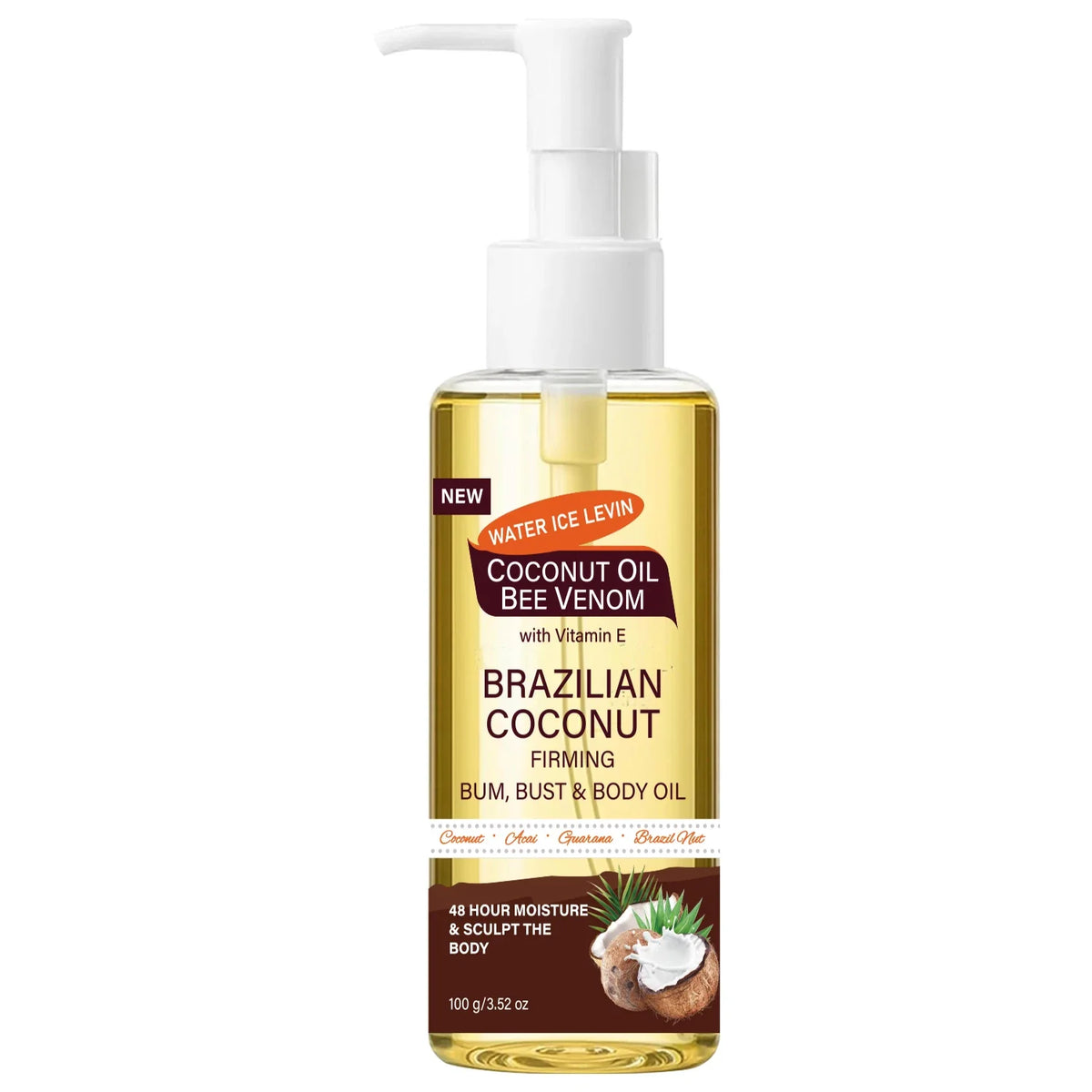 Brazilian Coconut Firming Body Oil, 48H Moisture & Sculpting with Acai, Guarana & Hyaluronic Acid for Bum & Bust
