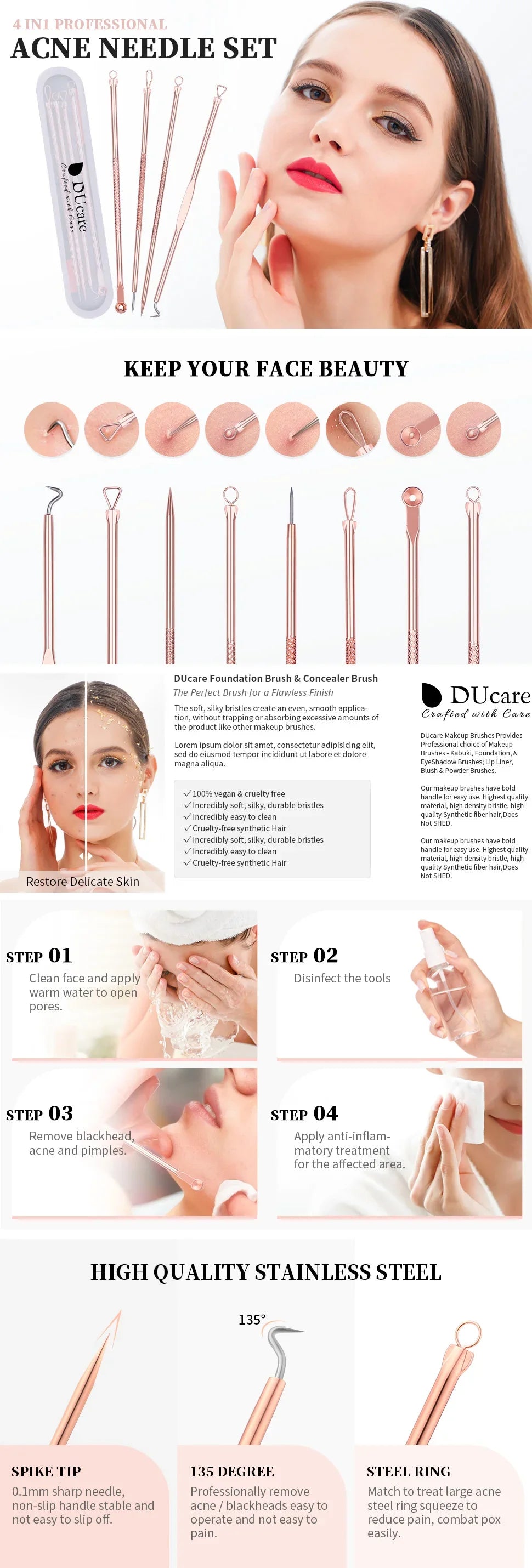 DUcare 4pcs Acne Blackhead Removal Needles Stainless steel Pimple Spot Extractor Acne Treatment Acne Needle Face Clean Care Tool