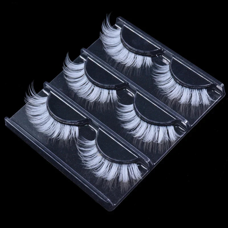 3 Pairs Fluffy Lace White Eyelashes 3D Natural Colored Artificial Vegan Silk Eye Lashes For Cosplay Halloween Makeup Party
