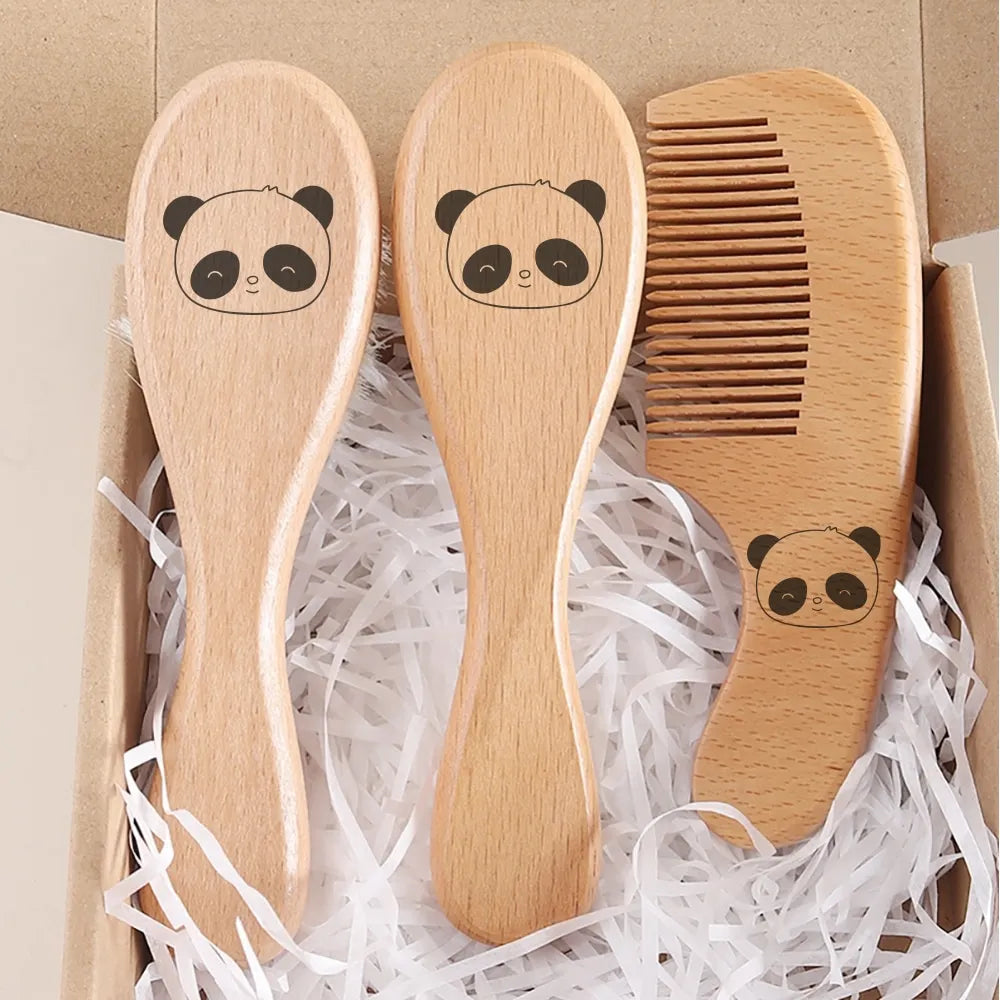 Engraved Panda Baby Hair Brush  Natural Wool Wooden Comb Air Cushion Brush Newborn Baby Shower Gift