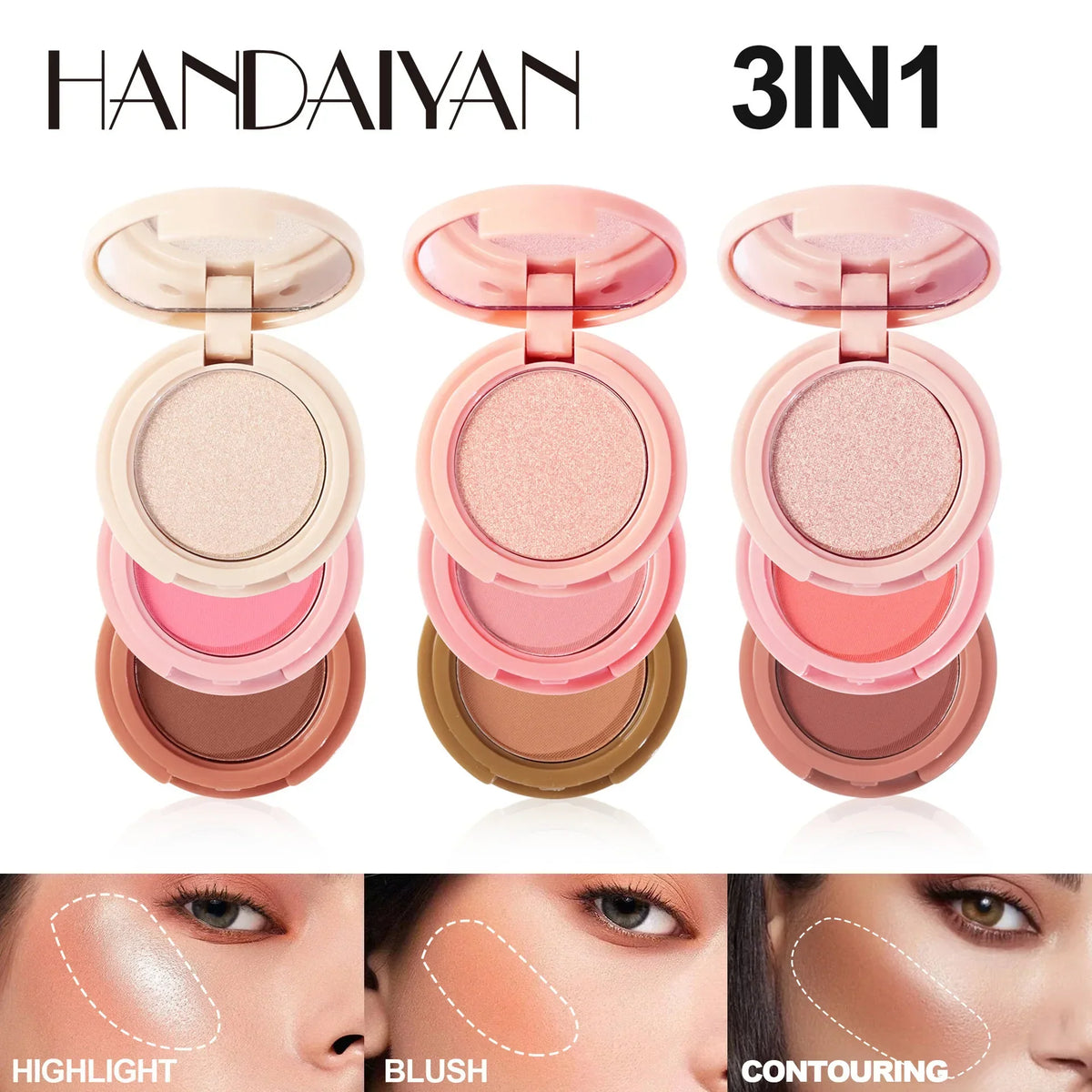 3-in-1 Multifunctional Matte Highlighter Contour Blush Palette Pearly Shiny Face Makeup Powder Cosmetics Contouring Palette