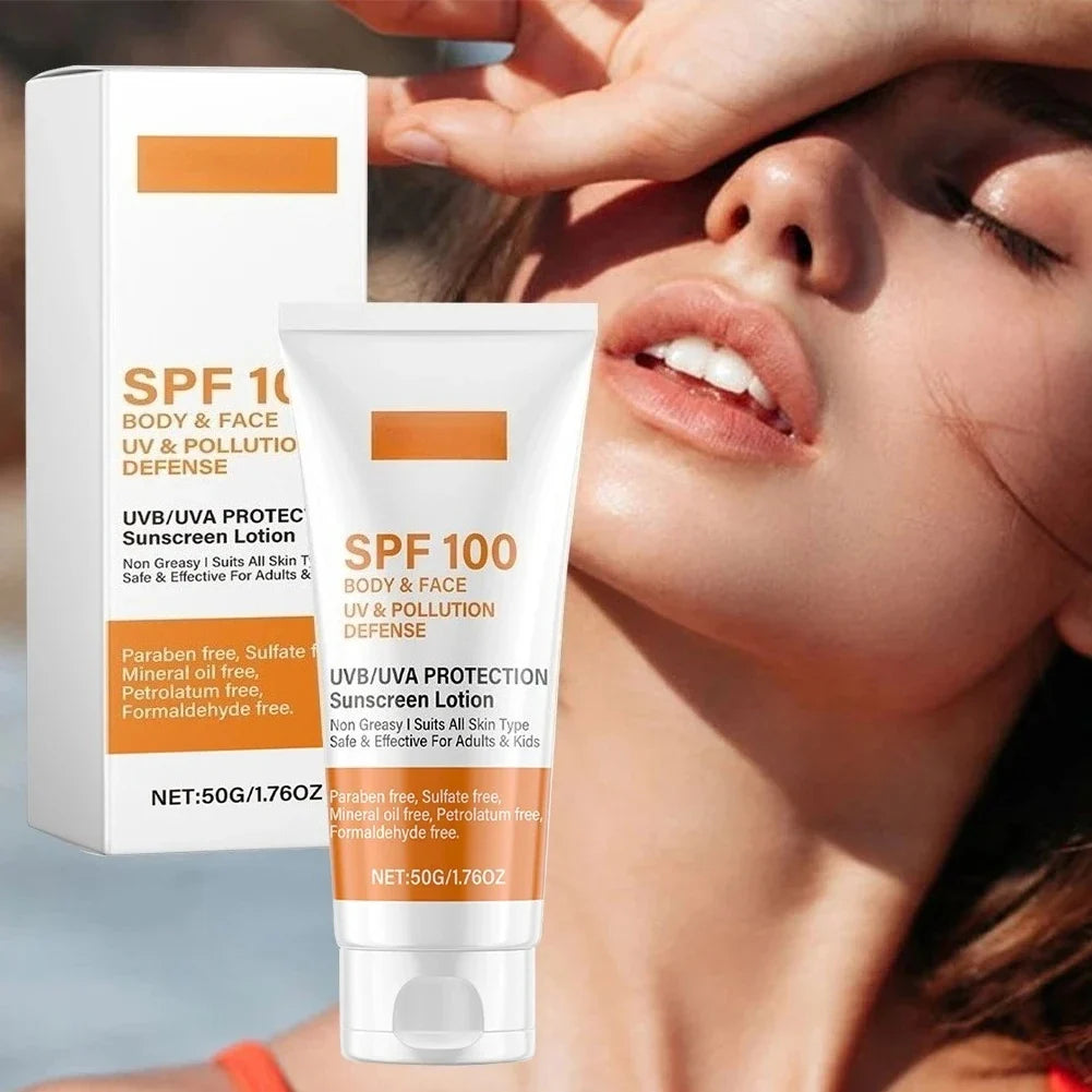 Face & Body Sunscreen Non-Greasy SPF 100+ Facial Sunblock UVA & UVB Protection Sunblocking Cream Anti Aging for Summer Beach