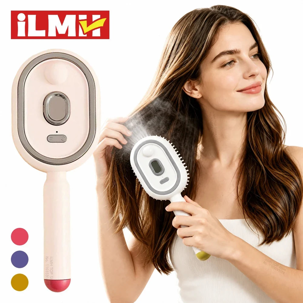 iLMH Electric Spray Hair Brush, Steamy Air Cushion Massage Comb, Self Cleaning Anti Static Detangling Brush for Women Hair
