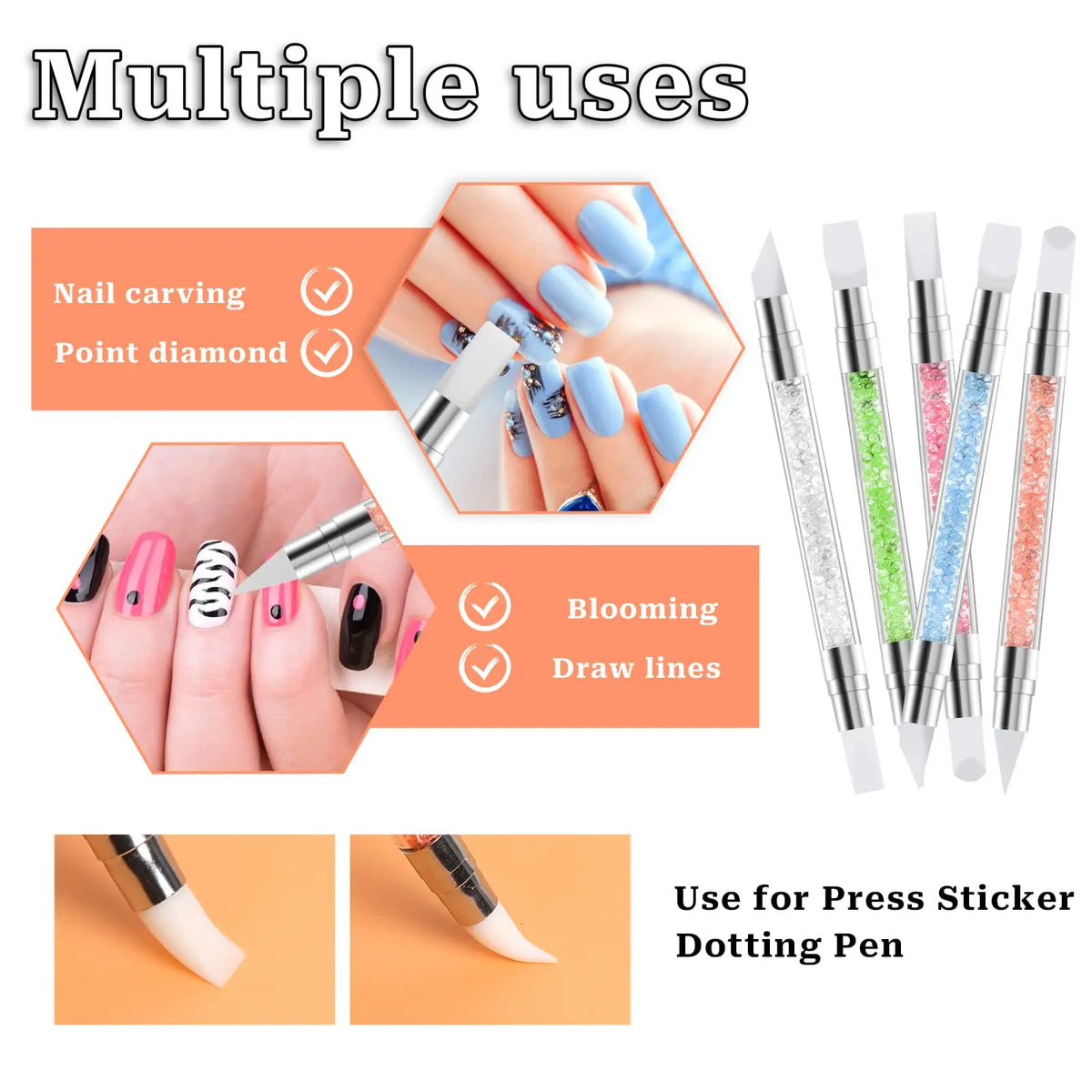5 Pcs Nail Art Sculpture Pen Dual Tipped Silicone Nail Tools Nail Art Acrylic Pen Silicone Brushes for Resin