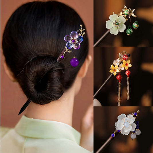Flower Tassel Wooden Hairpin Retro Chinese Style Handmade Floral Hair Stick Vintage Girls Women Hanfu Hair Styling Accessories