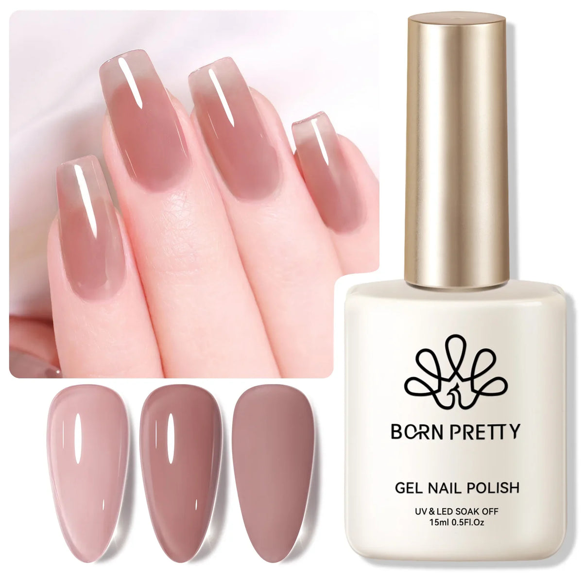 BORN PRETTY 15ml Nail Gel Polish Glitter Gorgeous Full Coverage Soak Off UV LED French Nail Art Jelly Nude Pink Varnish