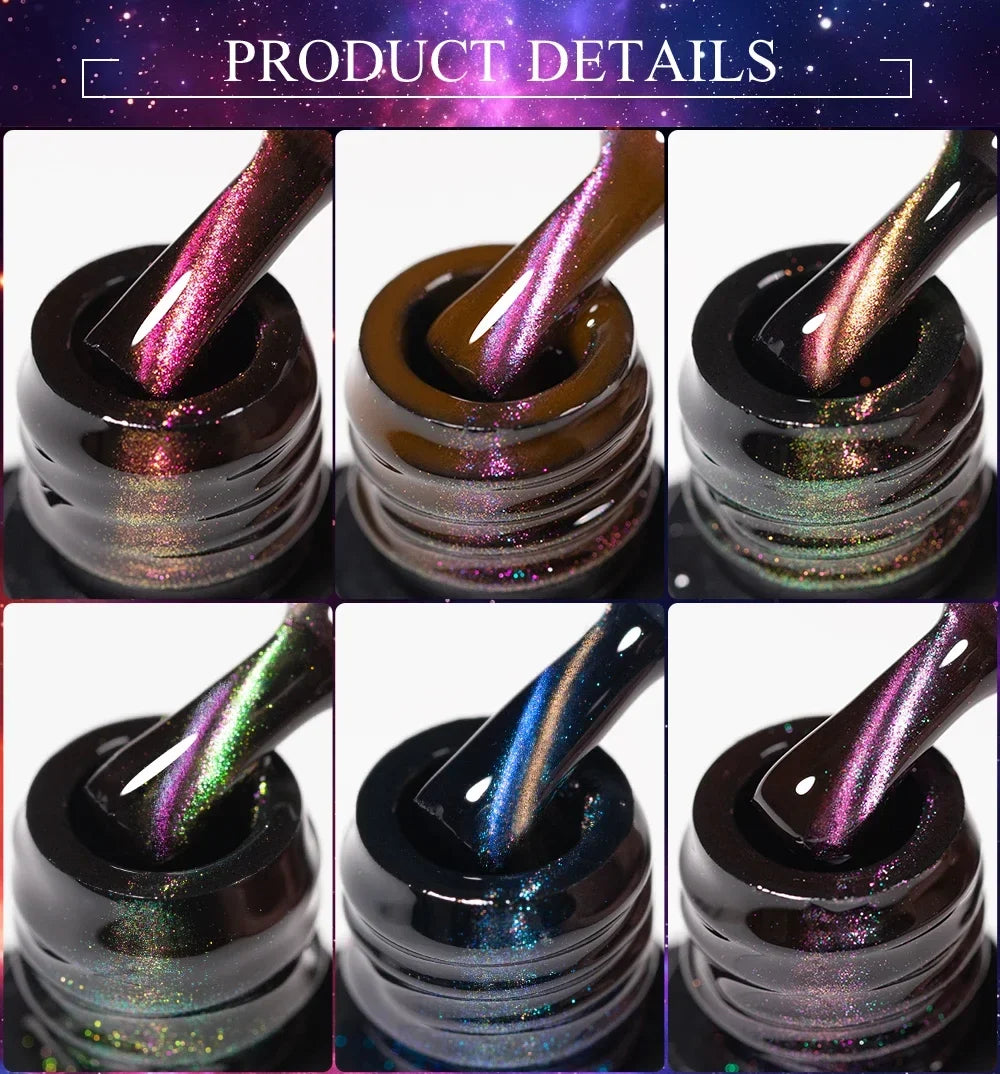 7.5ML Aurora Starlit Cat Eye Gel Nail Polish Rainbow Glitter Galaxy Cat Magnetic Nail Art Gel Soak Off UV Semi-Permanent Varnish