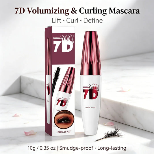7D Volumizing & Curling Black Mascara – Smudge-Proof, Natural Lash Lift & Curl, Flake-Free, Non-Clumping, Waterproof Eye Makeup