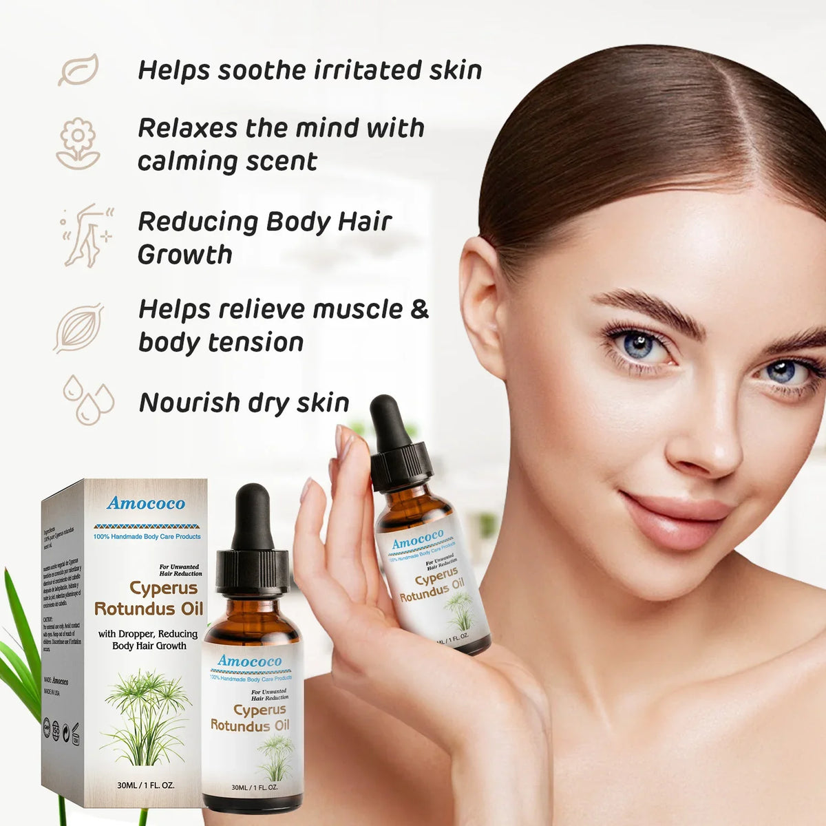 Amococo 3/6pcs Cyperus Rotundus Oil 30ml Natural Body Face Moisturizing Oil with Dropper Helps Soothe Skin After Hair Removal Non-Greasy Hydrating Serum