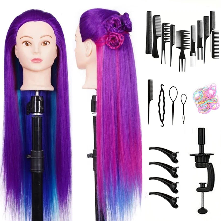 24Inch Mannequin Head with Fiber Hair Model Practice Hairdressing Doll Head Styling Hairdressing Training Braided