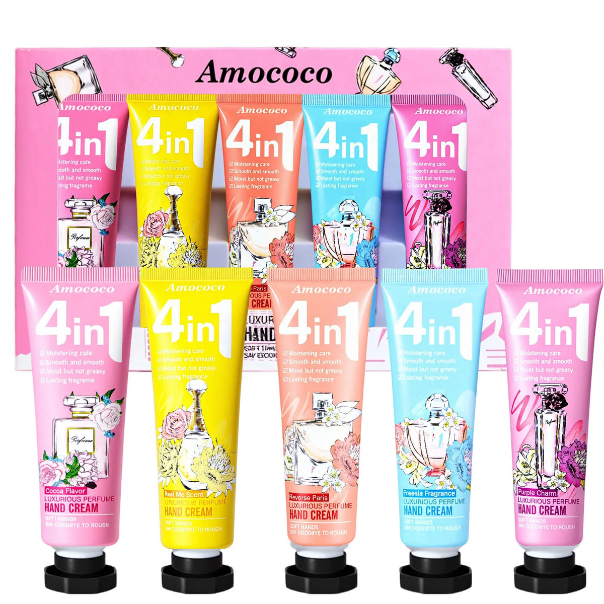 Amococo  2 Pack 4In1 Luxury Perfume Hand Cream Set Moisturizing Hand Lotion Gift Box for Women Travel Size Hand Care Kit
