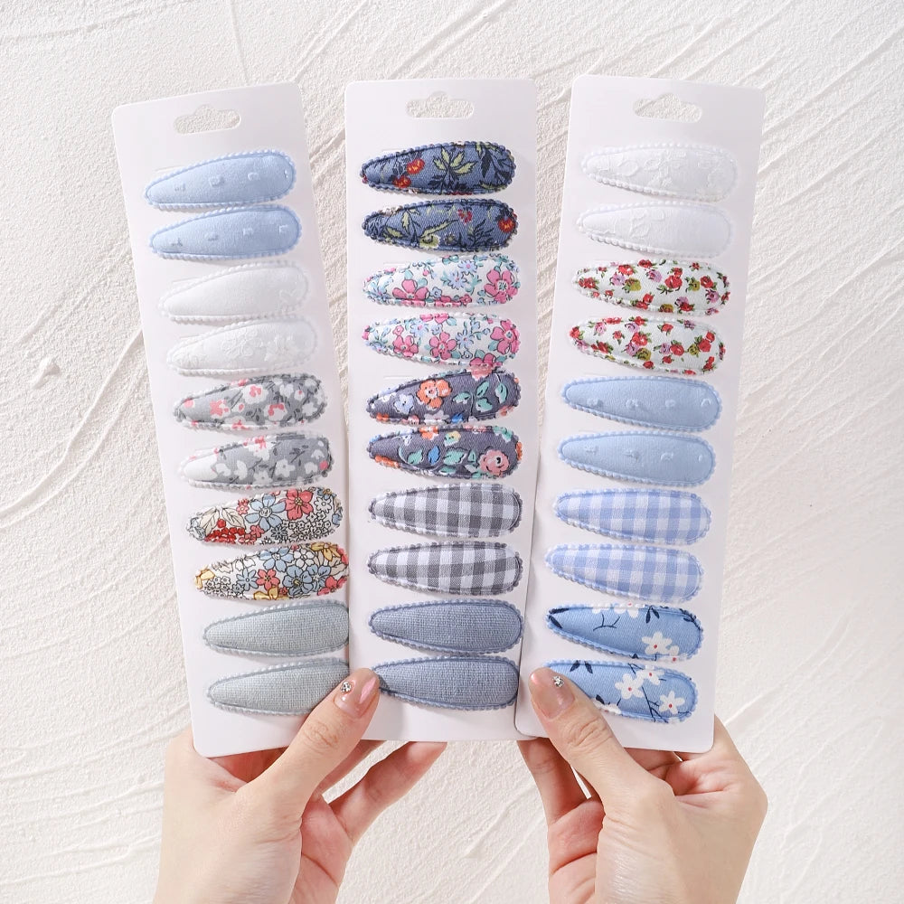 10Pcs/Lot Fresh Print Cotton Alloy Hair Clips for Kids Fabric Plaid BB Hairpins Girl Hairgripe Headwear Baby Hair Accessories
