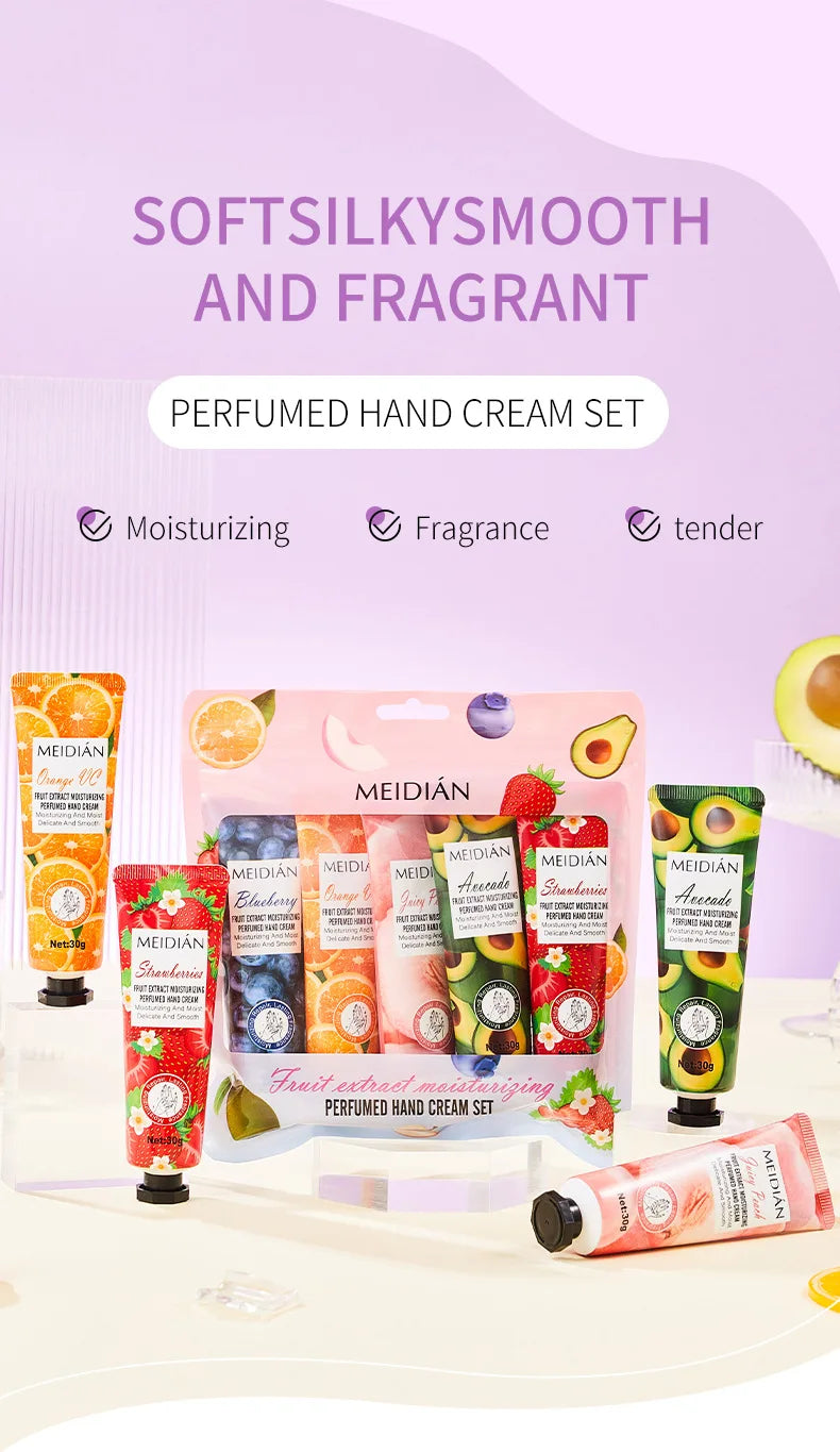 Five piece fruit scented hand cream for moisturizing and long-lasting fragrance retention. Hand care mask cream