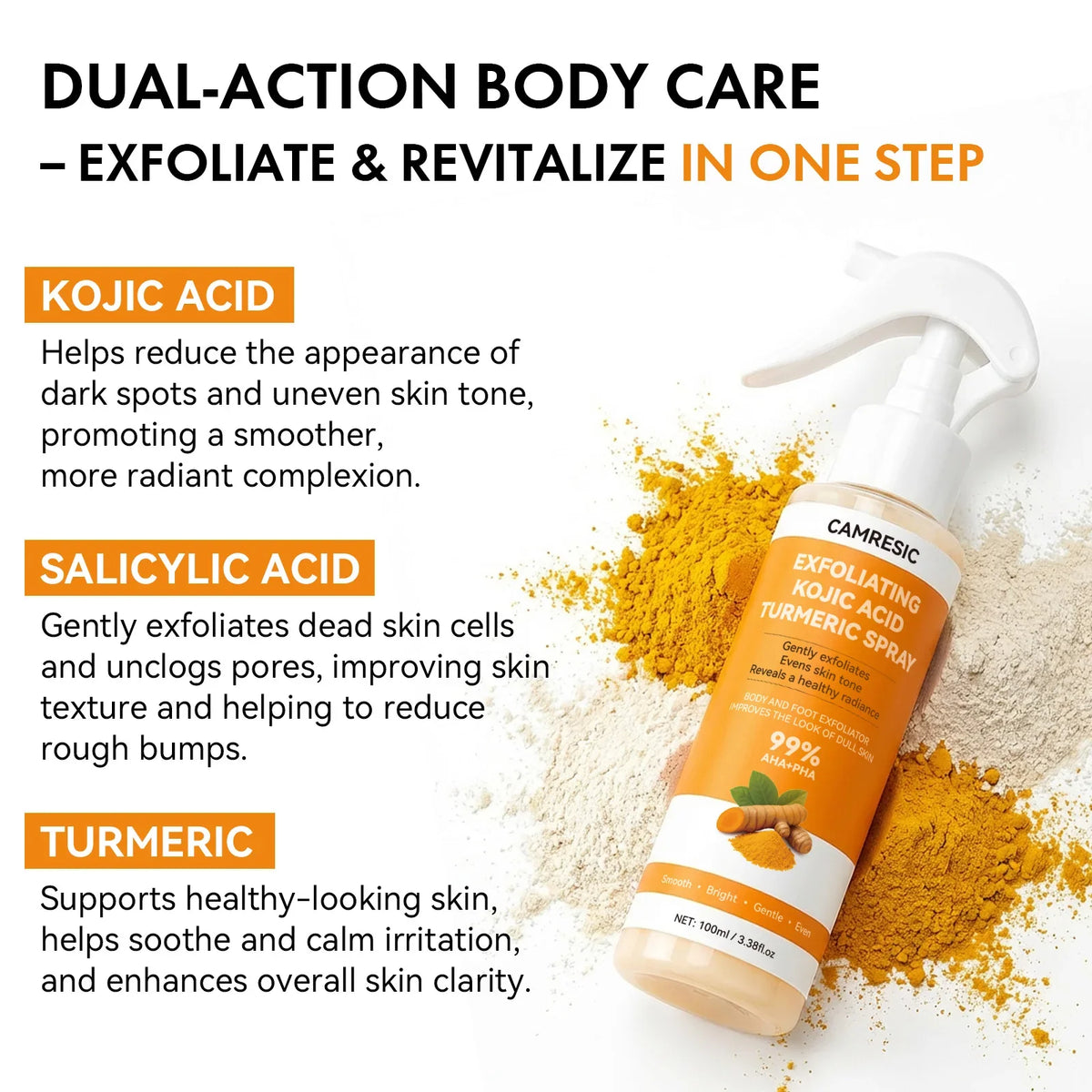 Body Keratin Care Kojic Acid Turmeric Spray Gently Exfoliating Peeling Solution Brightening Hydrating Skin Care All Skin Types