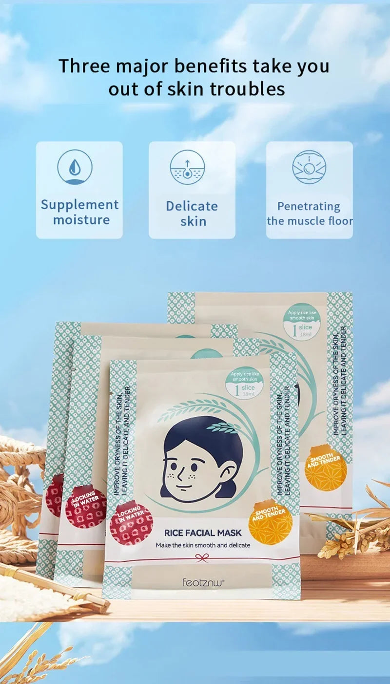 10 Pieces Japan White Rice Facial Mask Moisturizing Oil Control Fine Lines Firming Whitening Smooth Diminishes Pigmentation Care
