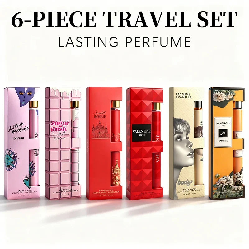 6-piece travel set, men's and women's eau de toilette spray, long-lasting fragrance, 6 different flavors, perfect for holiday gi
