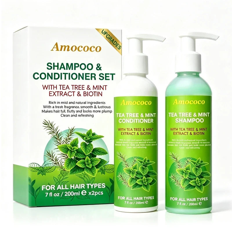 Amococo 2pcs X 200ml Tea Tree Shampoo and Conditioner Set with Mint Biotin Refreshing Scalp Care Hair Care Duo Volumizing Smooth Hair Formula for All Hair Types
