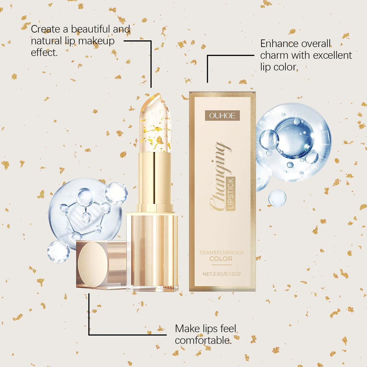 Gold Foil Color Changing Lip Balm Glossy Non-Sticky Nourishing Moisturizing Lasting Transferproof Color Changing Lipstick