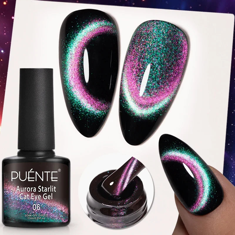 7.5ML Aurora Starlit Cat Eye Gel Nail Polish Rainbow Glitter Galaxy Cat Magnetic Nail Art Gel Soak Off UV Semi-Permanent Varnish